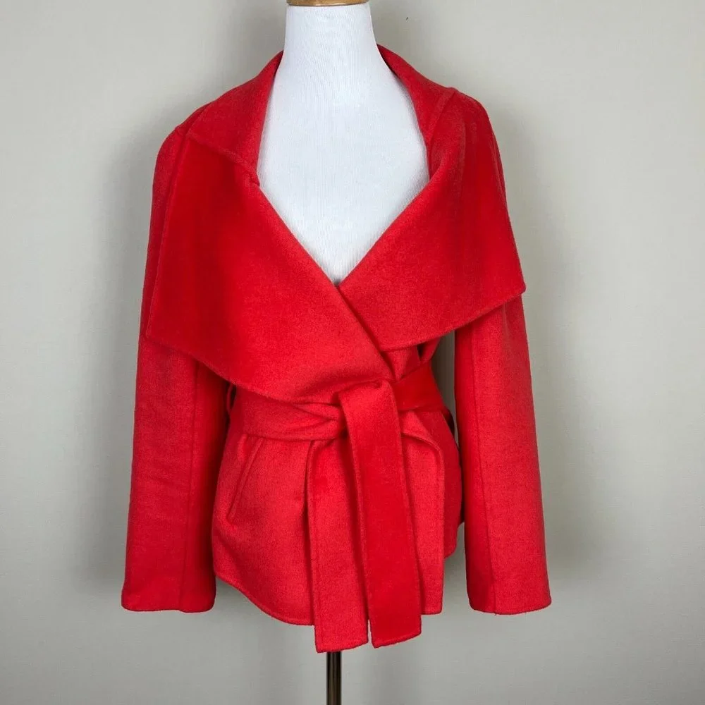 Etcetera Cardigan Jacket Womens 6 Coral Wool Angora Belted‎ Long Sleeve V-Neck